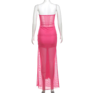 Mesh ruched hollow out see through tube cut out maxi dress