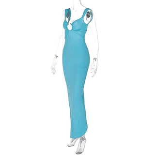 O ring ruched hollow out high slit cami cut out maxi dress