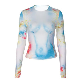 Long sleeve crewneck flower body print contrast top