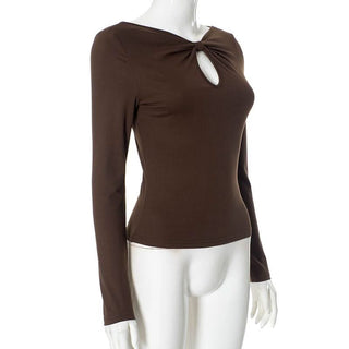 Knotted hollow out long sleeve v neck ruched cut out top