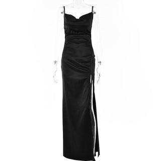 Solid sleeveless cowl neck slit ruched backless cami maxi dress - Final Sale