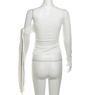 One shoulder long sleeve metal chain print top