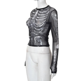 Sheer mesh contrast print see through gloves long sleeve top