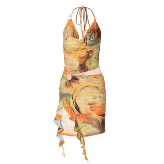 Halter print cowl neck o ring ruffle mini dress