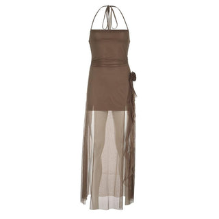 Halter mesh slit flower applique maxi dress