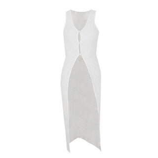 U neck slit button solid sleeveless long top