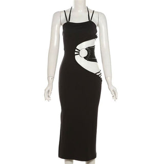 Irregular hollow out halter o ring cami slit cut out midi dress