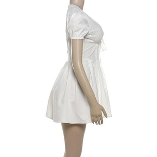 Puff sleeve v neck bowknot zip-up mini dress