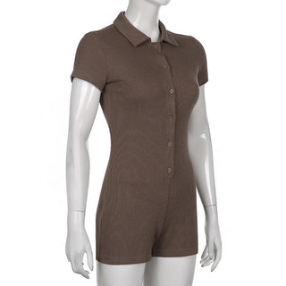 Turnover collar ribbed button romper