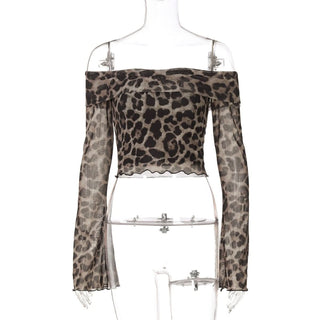 Long sleeve off shoulder leopard print ruffle top