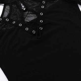 Short sleeve fishnet hollow out patchwork cut out top