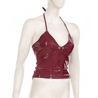 Halter v neck zip-up PU leather top