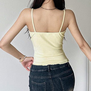 U neck ribbed embroidery ruffle cami top