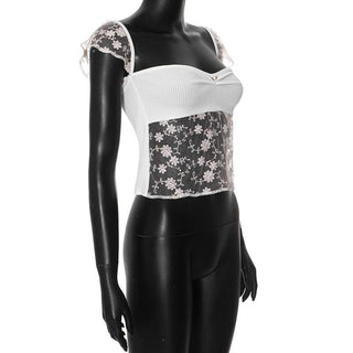 Cap sleeve lace flower embroidery ribbed top