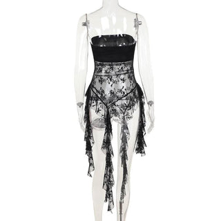 Lace cross applique irregular tube mini dress