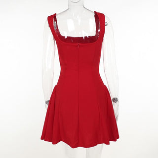 Square neck ruched stitch zip-up cami mini dress