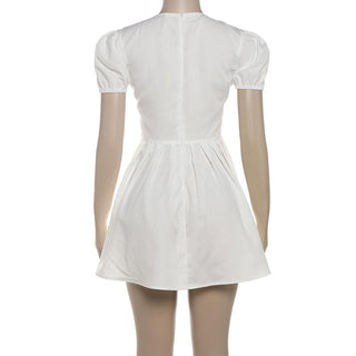 Puff sleeve v neck bowknot zip-up mini dress