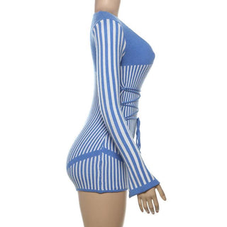 Slit long sleeve deep V neck striped self tie romper