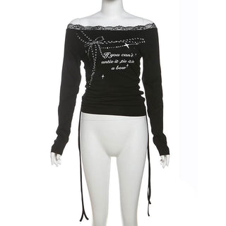 Long sleeve off shoulder lace hem print self tie top