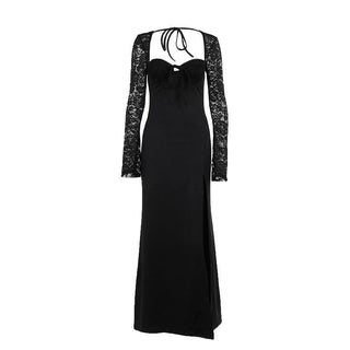 Sweetheart neck long sleeve self tie slit maxi dress-final-sale