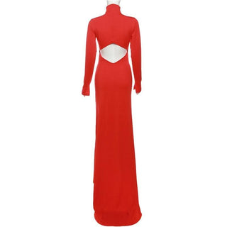 Hollow out solid long sleeve high neck zip-up cut out maxi dress-final-sale