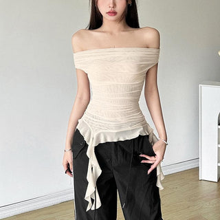 Off shoulder sheer mesh ruffle top