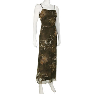 U neck print mesh cami maxi dress