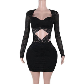 Long sleeve hollow out lace zip-up cut out mini dress