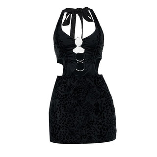 Halter leopard print o ring knotted mini dress