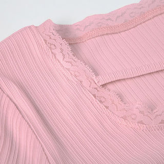 U neck long sleeve lace hem self tie crop top