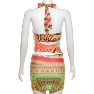 Halter deep v neck print o ring mini skirt set