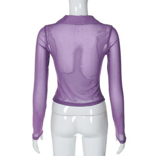 Turnover collar long sleeve ruched button mesh top