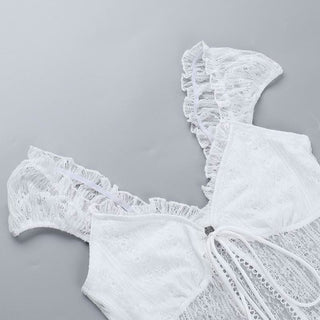 Ruffle v neck lace cap sleeve self tie crop top