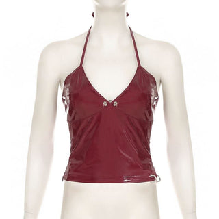Halter v neck zip-up PU leather top