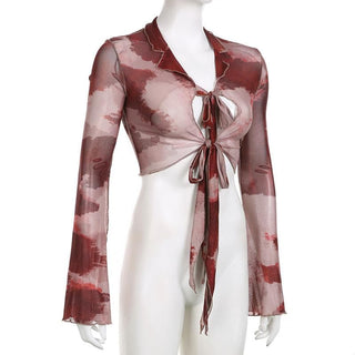 Sheer mesh see through long sleeve tie dye ruffle self tie crop top