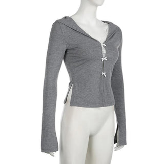 Long sleeve lace hem bowknot top