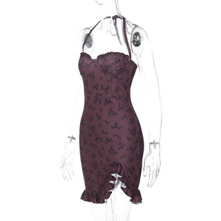 Halter print ruffle knotted backless mini dress
