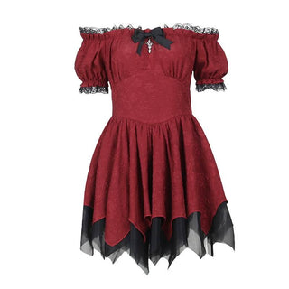 Off shoulder short sleeve lace hem ruffle bowknot mini dress