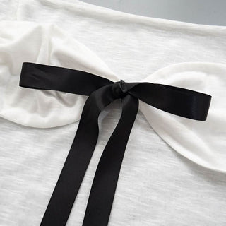 Off shoulder bowknot lace hem mesh long sleeve top