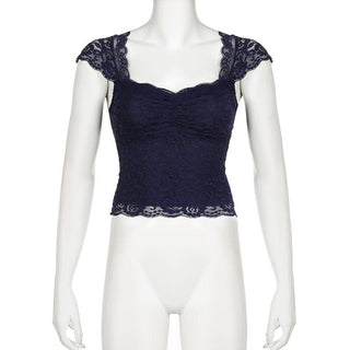 Cap sleeve ruched patchwork lace top