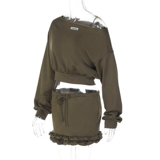 Long sleeve off shoulder self tie ruffle crop mini skirt set