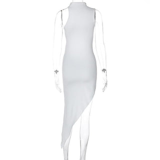One shoulder high neck o ring irregular midi dress