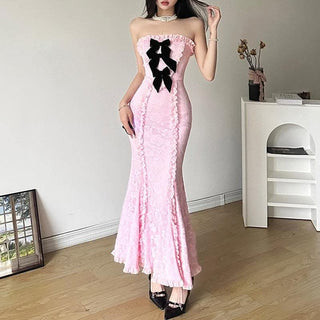 Lace contrast bowknot zip-up ruffle backless tube maxi dress-final-sale