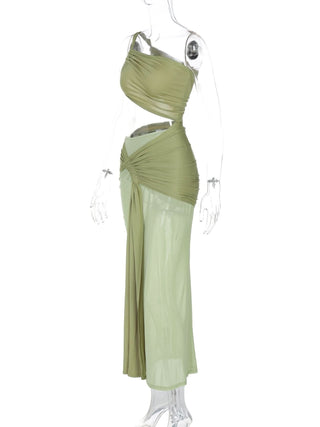 One shoulder ruched hollow out mesh cut out maxi dress