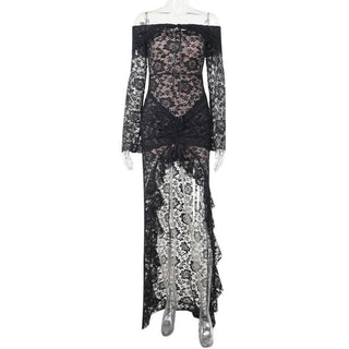 Off shoulder long sleeve lace ruched maxi dress