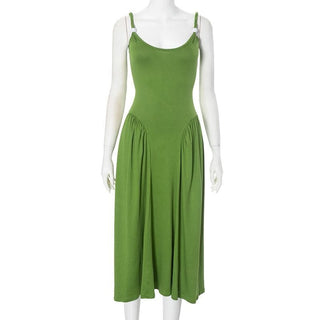 Ruched u neck beaded solid cami midi dress