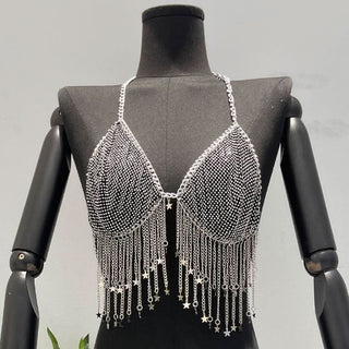Metal chain halter beaded v neck tassels top