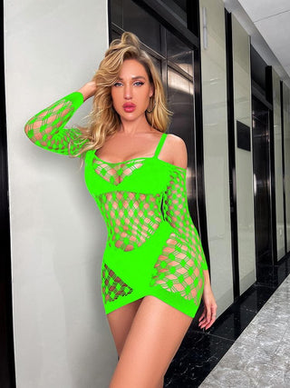 Long sleeve off shoulder hollow out fishnet cut out mini dress