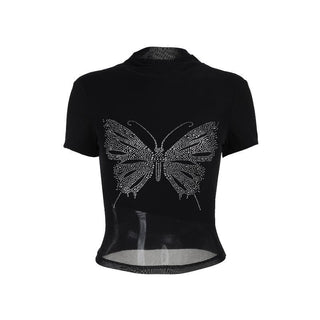Short sleeve high neck butterfly beaded top