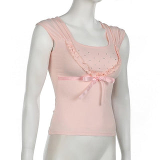 Bowknot beaded ruched u neck ruffle top